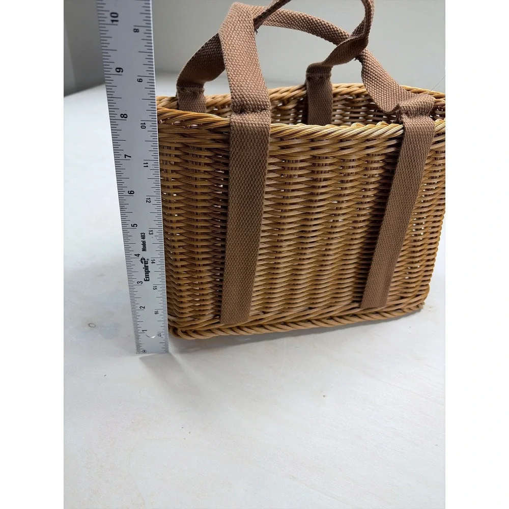Woven Wicker Market Basket Tote Brown Plastic Rattan Picnic Bag with Handles